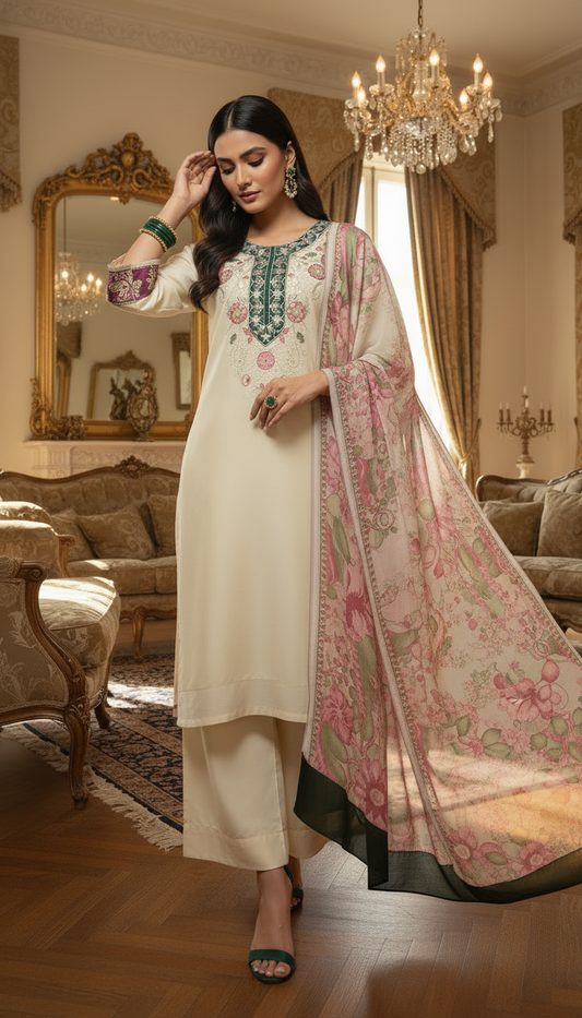 Salwa beige Embroidered 3 Pcs Dress with Chiffon dopatta