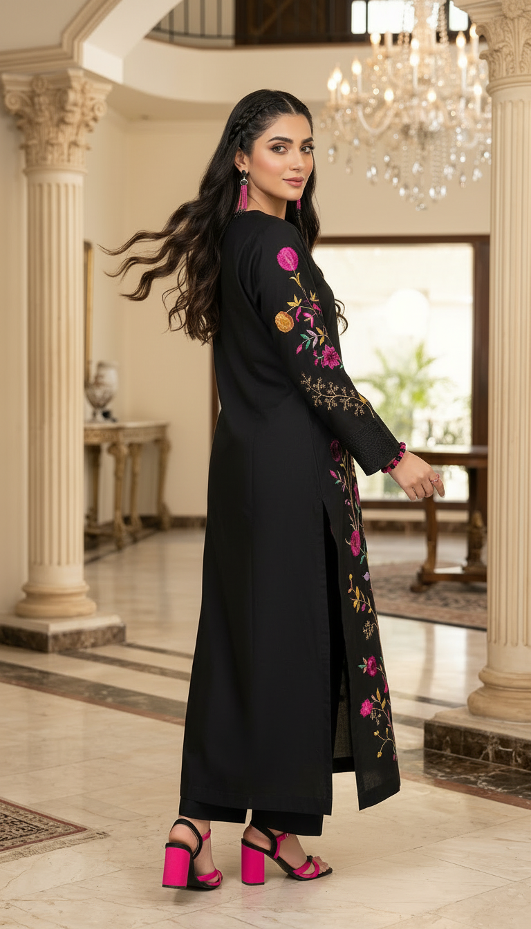Black Flora Multicolour Fully Embroidered 2 Pcs Dress