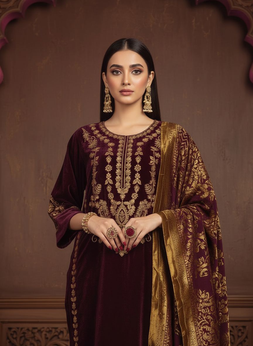 Ghazali Velvet Ready to Wear 3 Pcs Embroidered Dress