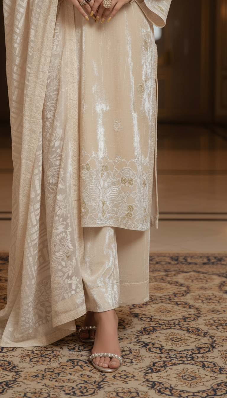 Serena Pearl French Velvet Ready to Wear 3 Pcs Dress with Velvet Shawl