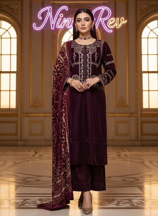 Mumtaz Velvet Embroidered 3 Pcs Dress with Palachi Shawl