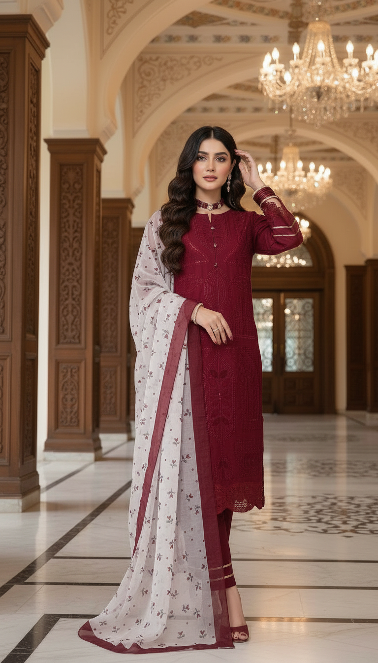 Ulfat Maroon Fully Chikankari Embroidered 3 Pcs Dress with Silk Dopatta