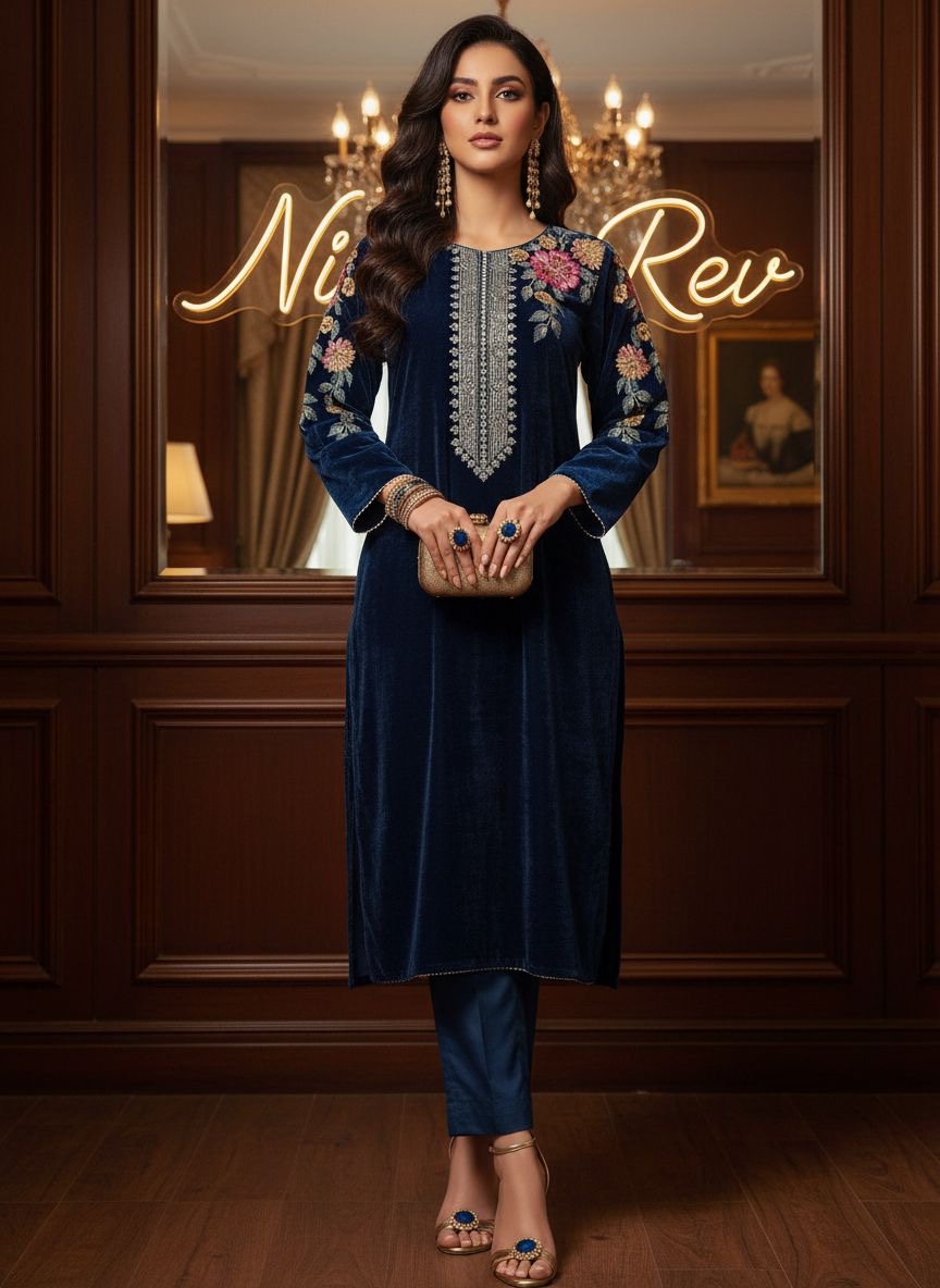 Haniya Teal Velvet Embroidered 2 Pcs Dress