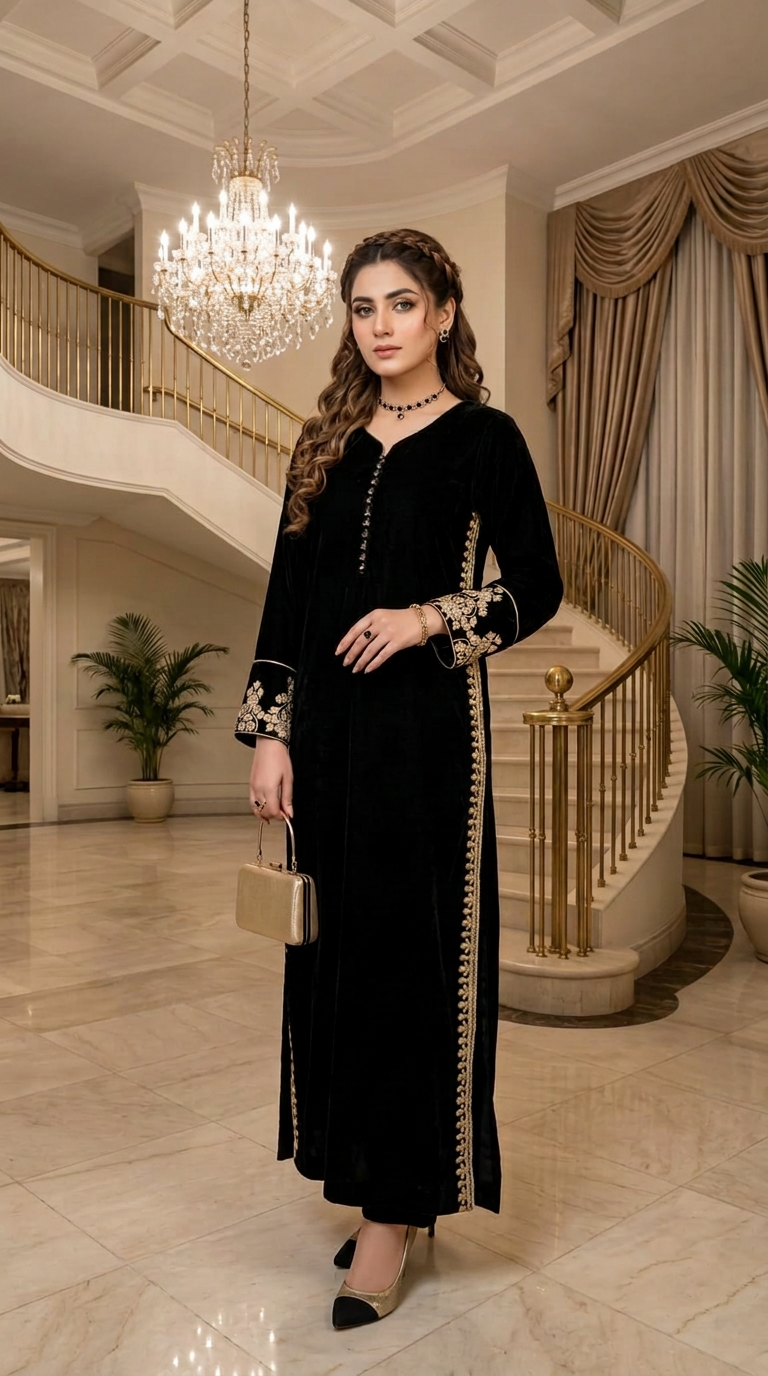 Shaab Velvet Ready to Wear 2 Pcs Embroidered Dress