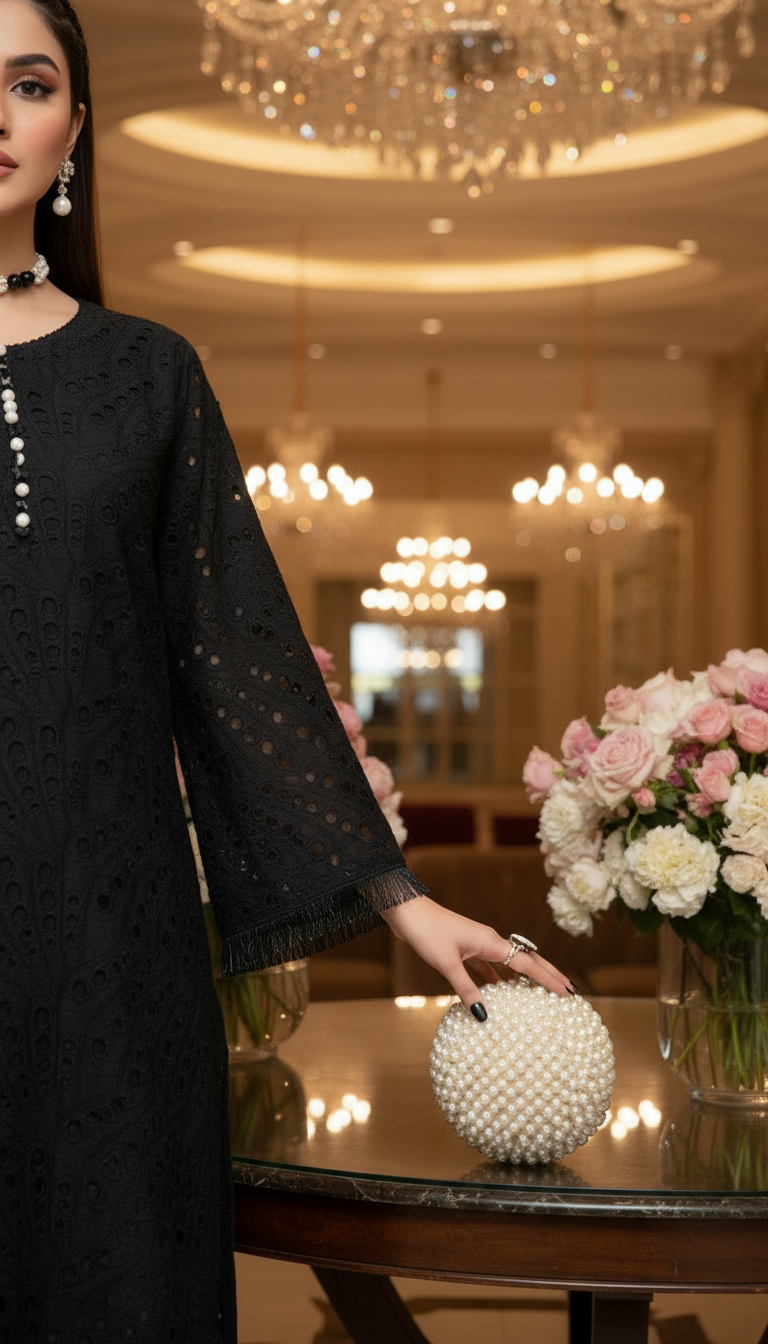 Black and White Chikankari Ready to Wear 2 Pcs Dress