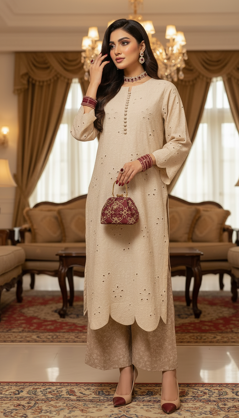 Cream Chikankari Ready to Wear 2 Pcs Dress