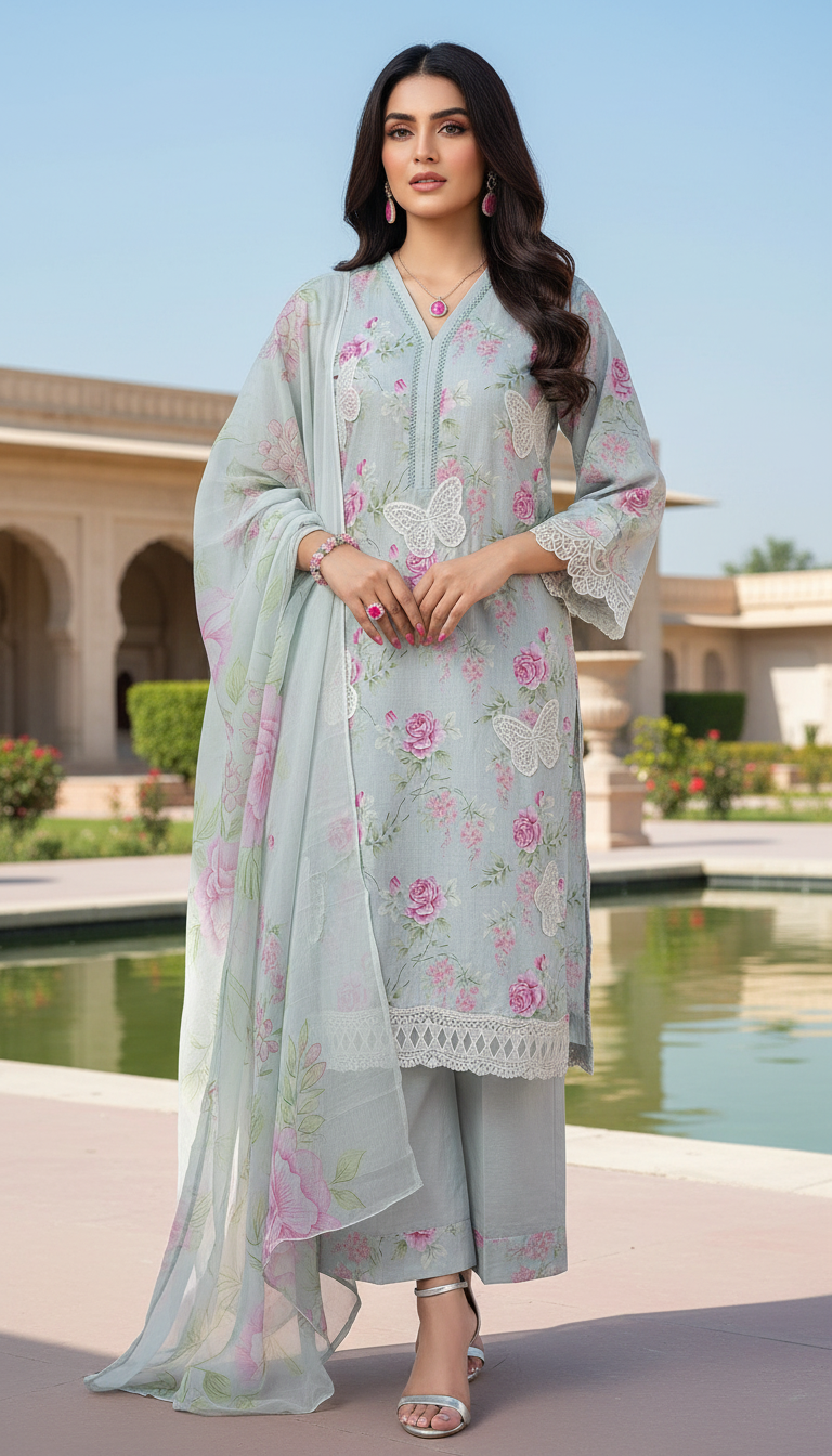 Grey Deluxe Ready to Wear 3 Pcs Embroidered Dress with Chiffon dopatta