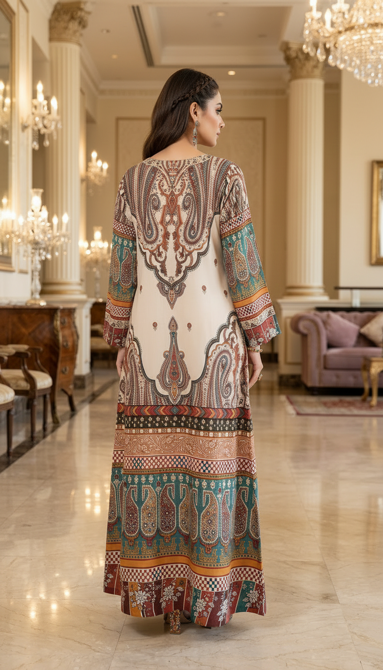 Iqsam Multicolour Linen Printed 2 Pcs Kaftan