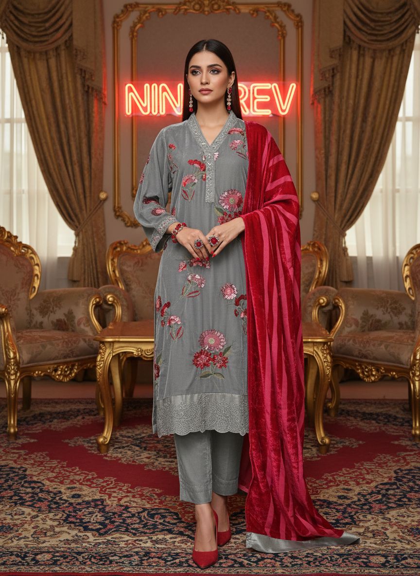Nudrat Grey Velvet Ready to Wear 3 pcs Embroidered Dress with Palachi Shawl