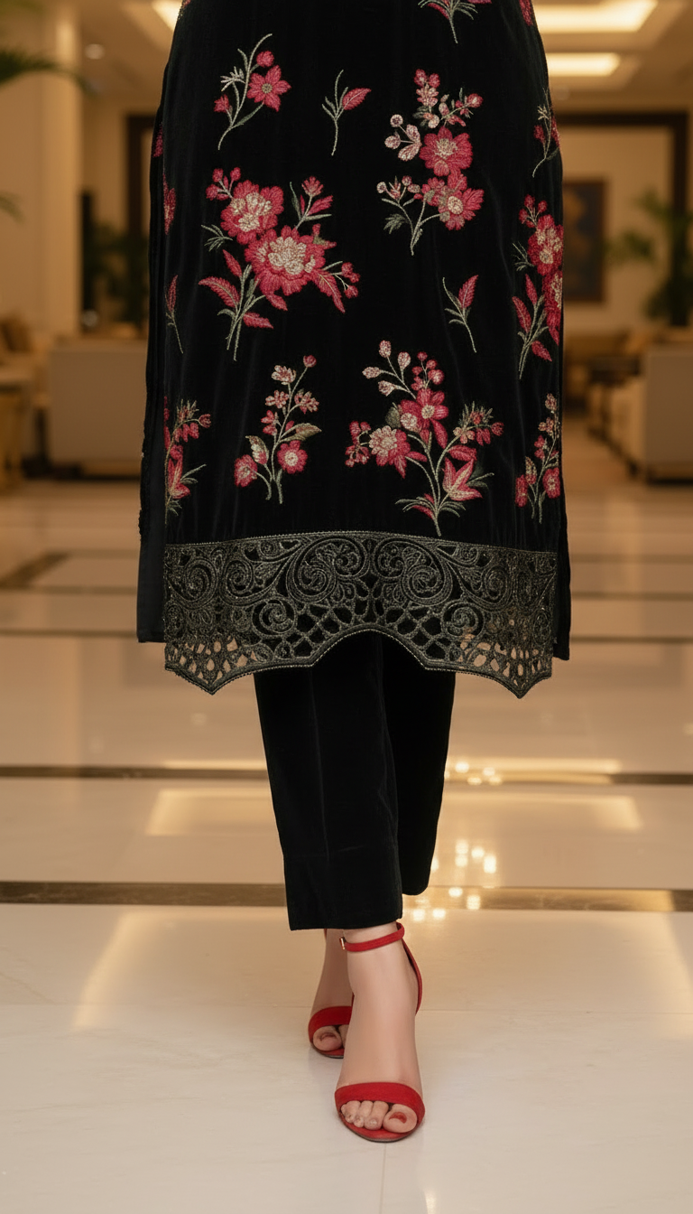 Black Shimmer Velvet Ready to Wear 3 Pcs Embroidered Dress