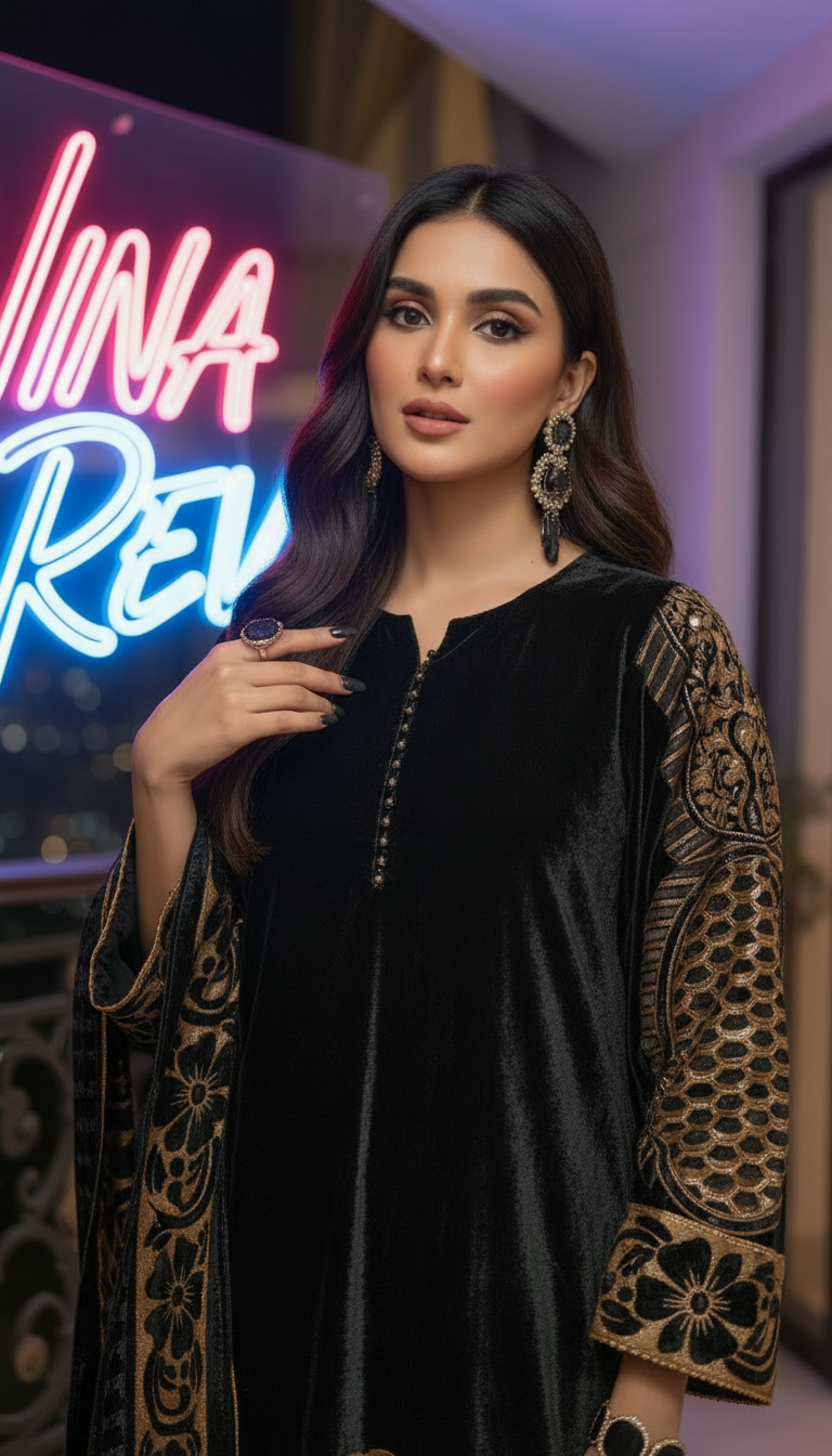 Tia French Velvet Black Dress with Palachi Shawl