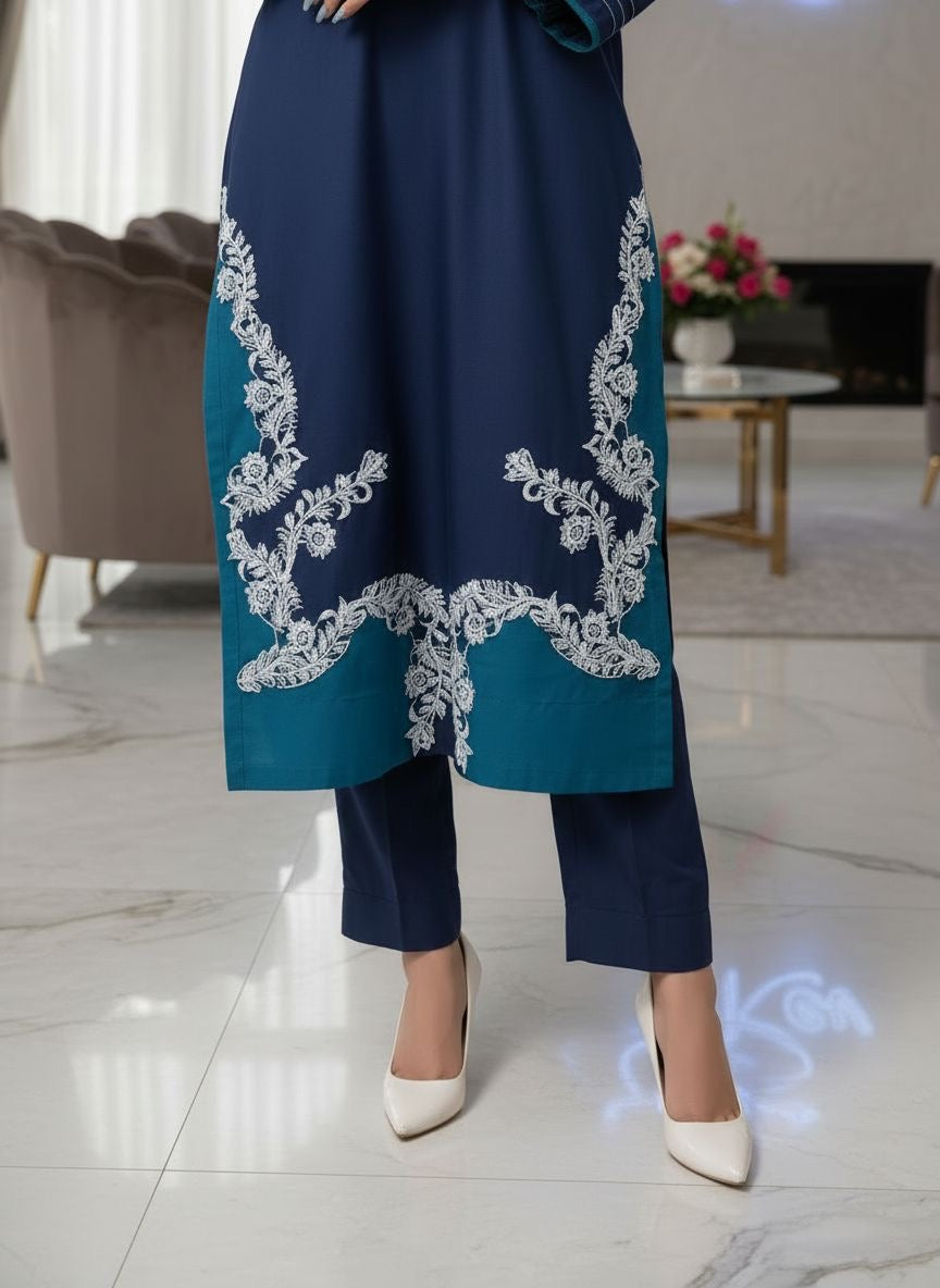 Romana Teal Ready to Wear 2 Pcs Embroidered Dress