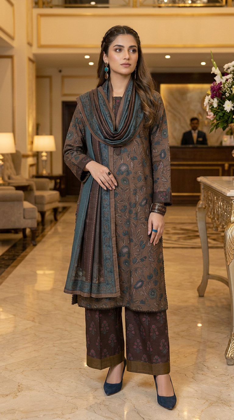 Ren Brown Ready to Wear 3 Pcs Marina Dress with Shawl