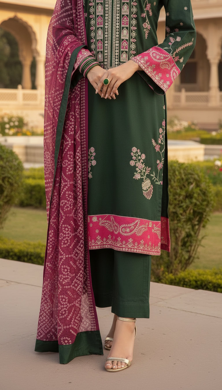 Green Grace Fully Embroidered 3 Pcs Dress with Chiffon dopatta