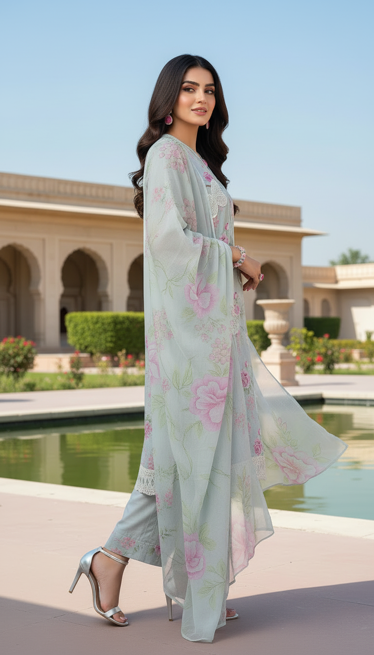 Grey Deluxe Ready to Wear 3 Pcs Embroidered Dress with Chiffon dopatta