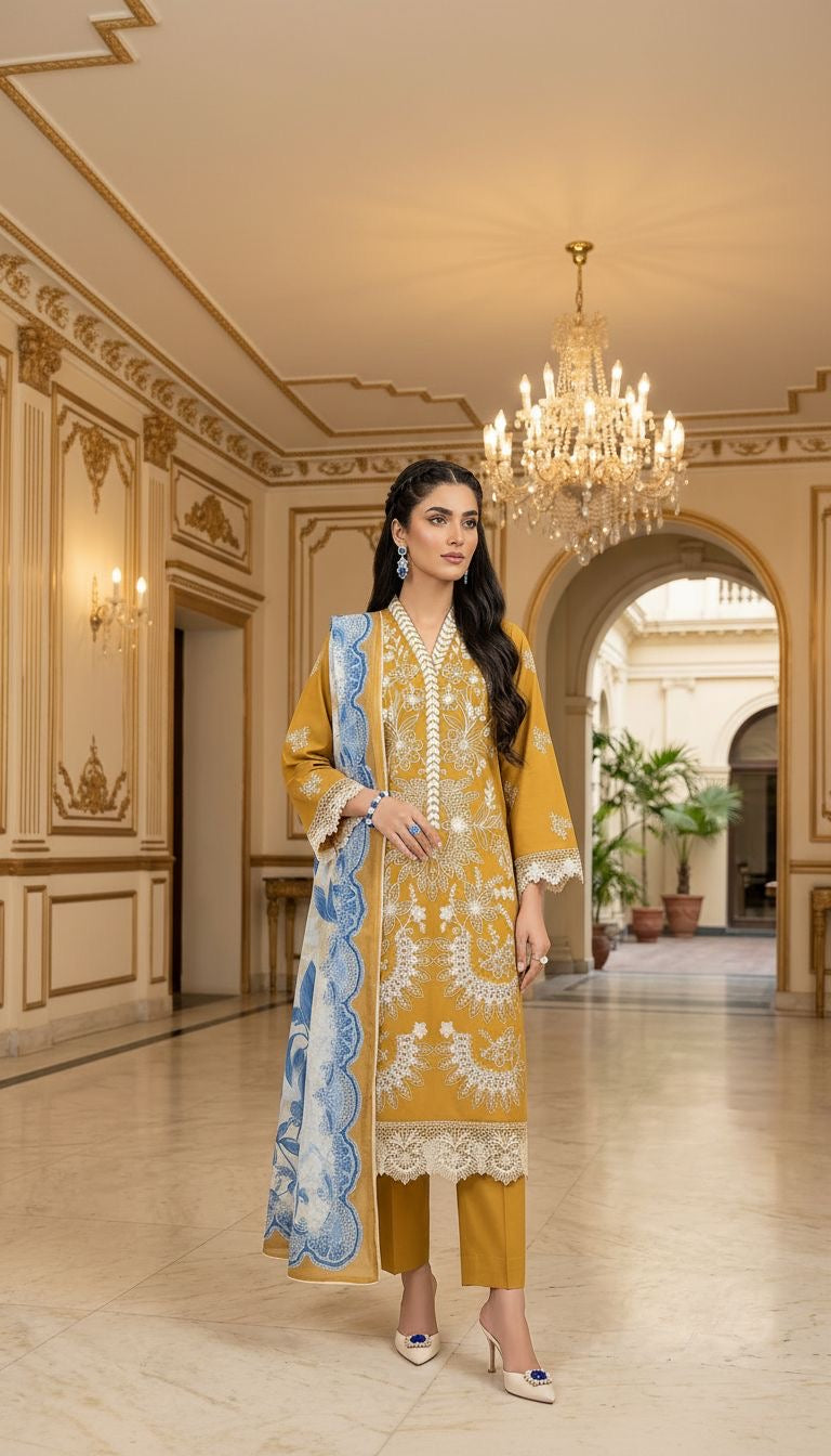 Sharvi Mustard Chikankari Embroidered 3 Pcs Dress