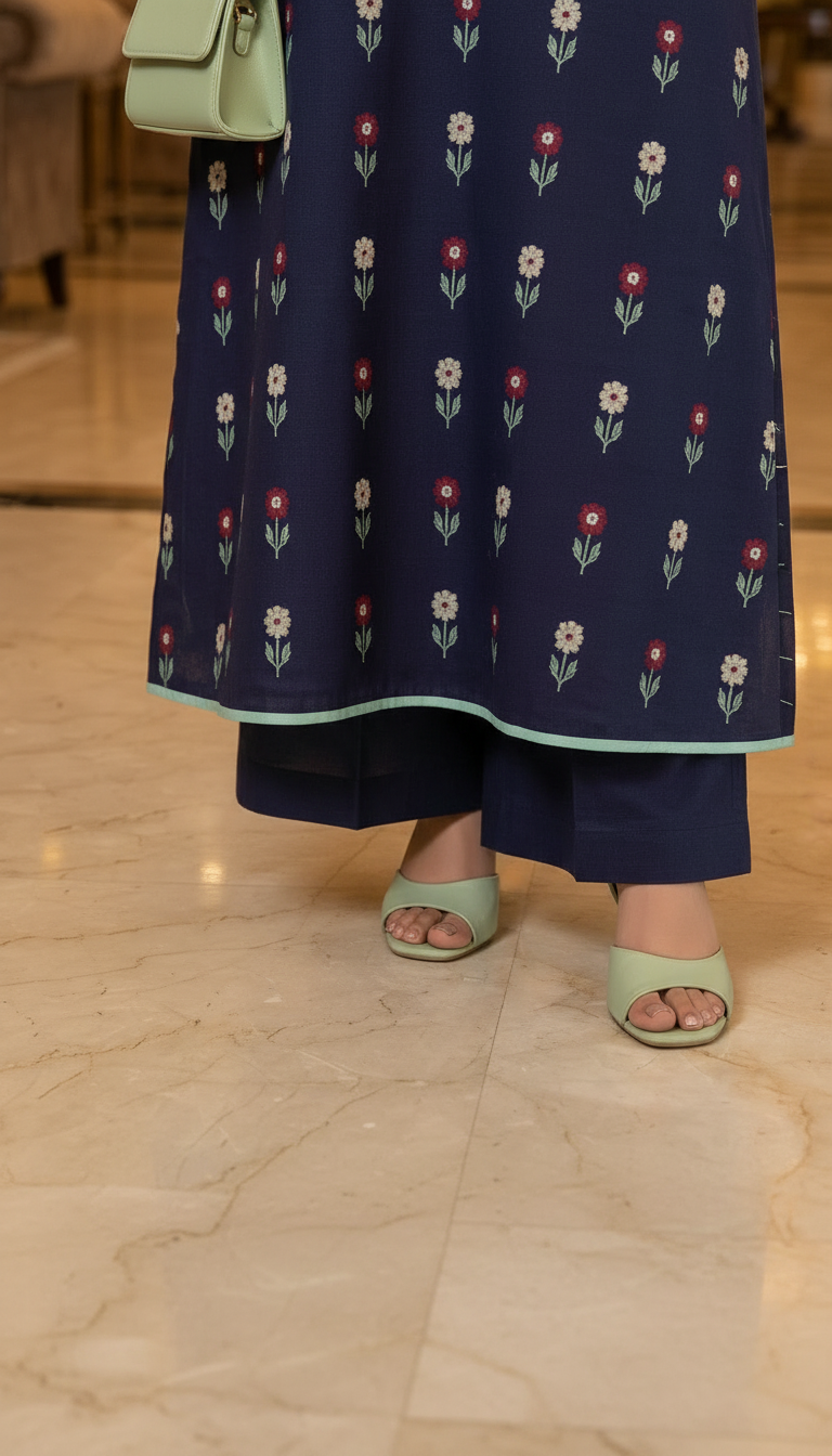 Blue Cross stitch Slub Fully Embroidered Dress