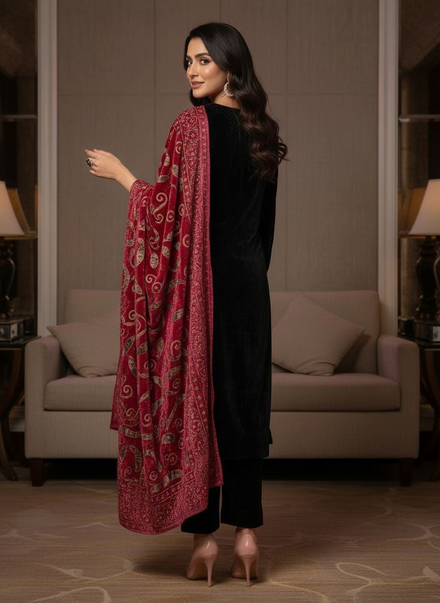 Hala Black Velvet Ready to Wear 3 Pcs Embroidered Dress
