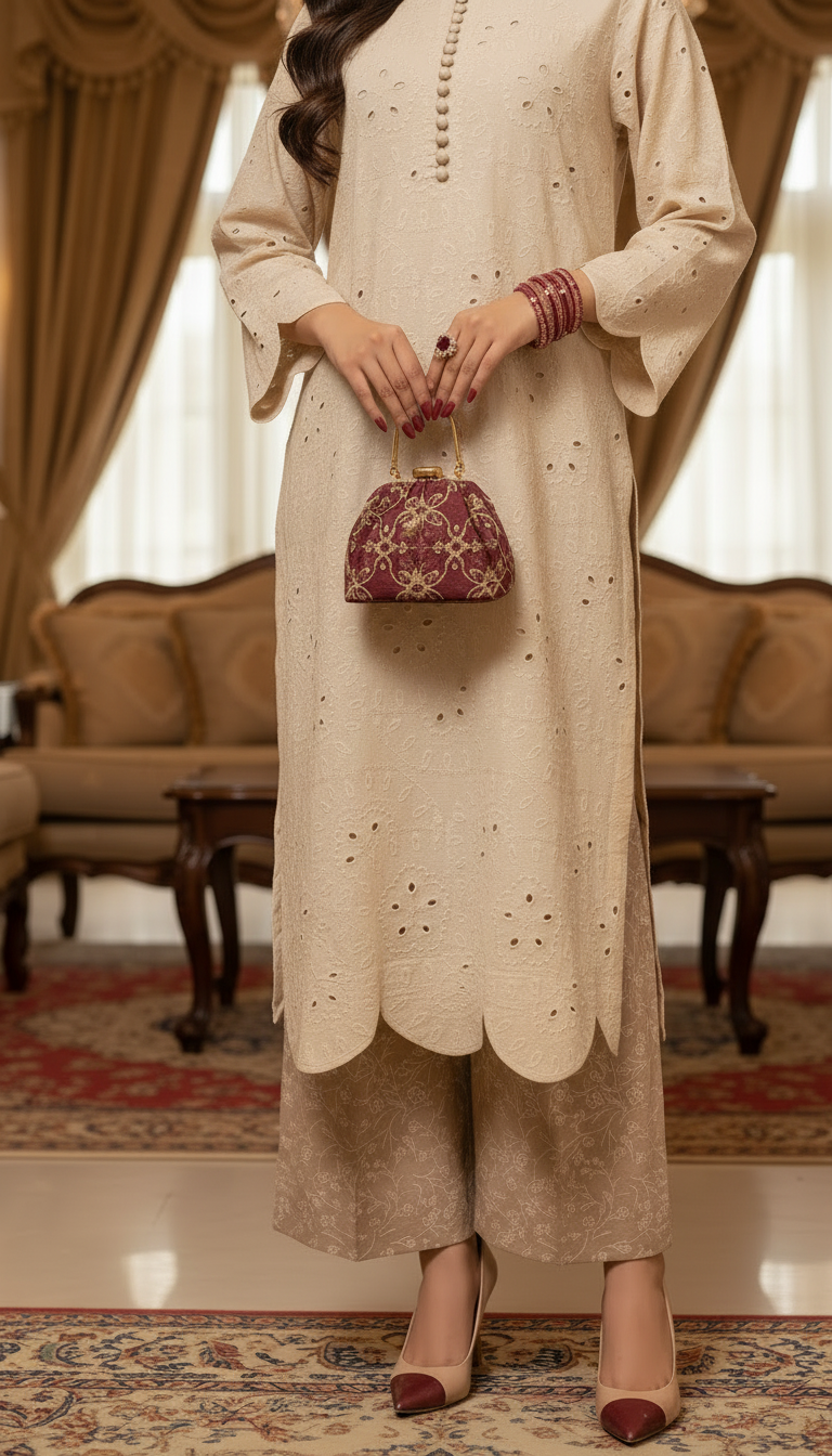 Cream Chikankari Ready to Wear 2 Pcs Dress