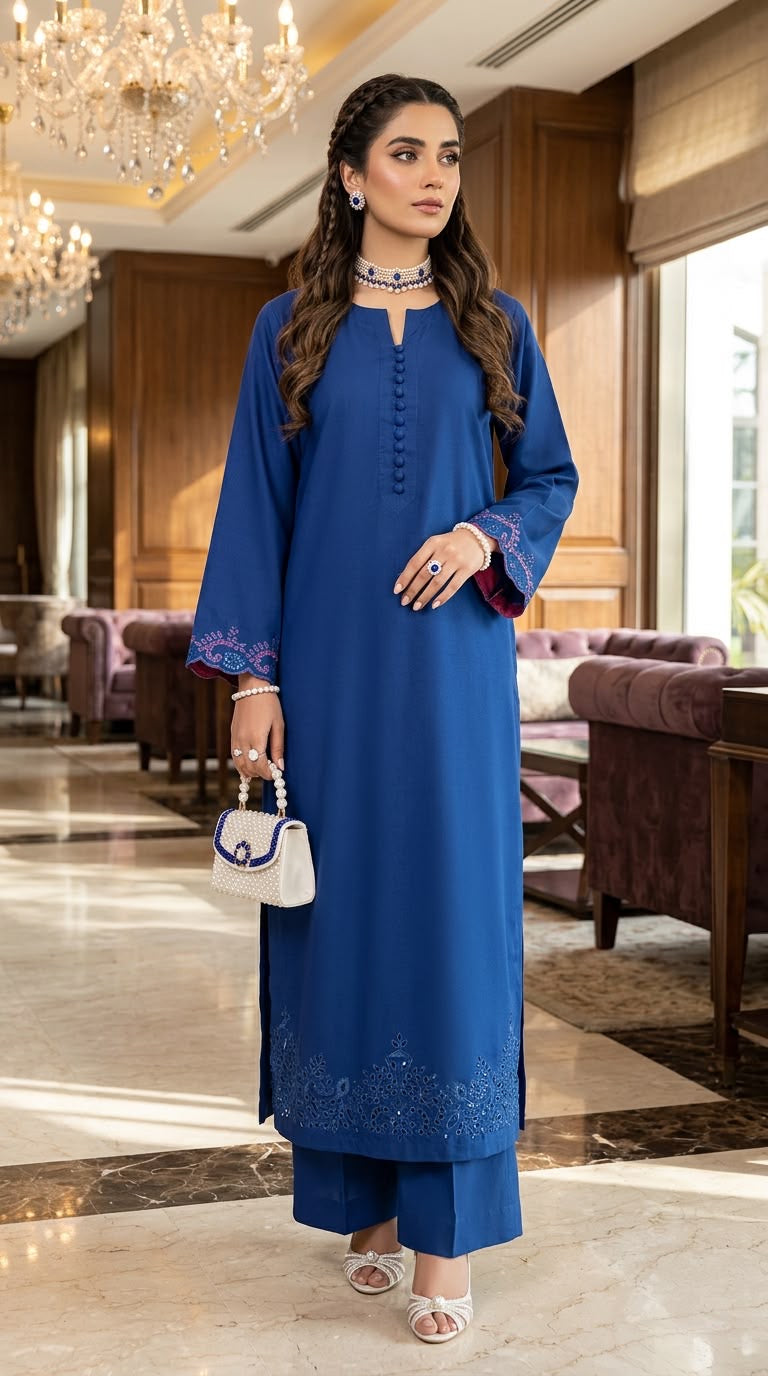 Maya Ready to Wear 2 Pcs Viscose Linen Fully embroidered and cutwork Dress