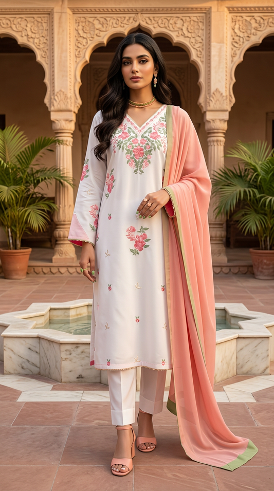 Hiba Cream Ready to Wear 3 Pcs Embroidered Dress