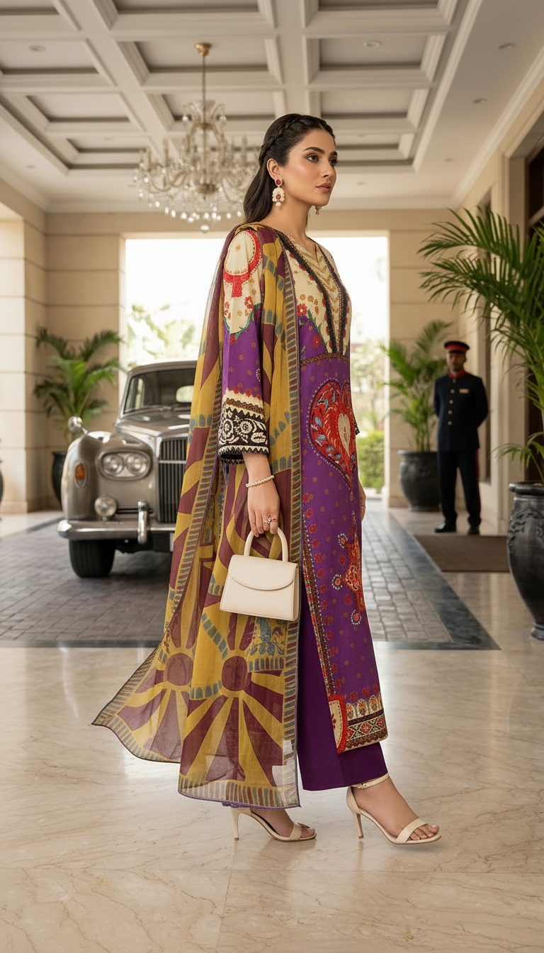 Areej Ready to Wear 3 Pcs Viscose Dress with Silk dopatta