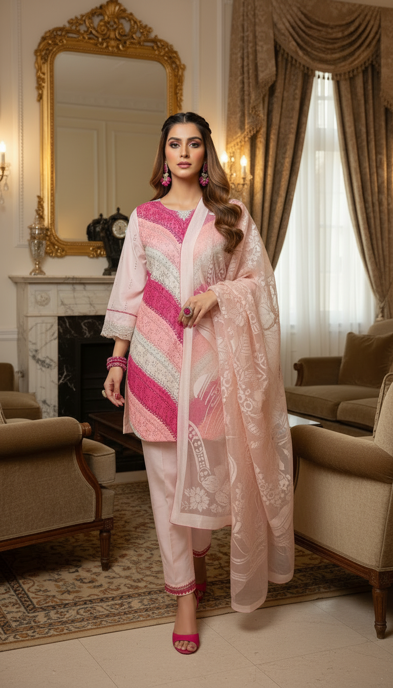 Rhea Pink Full chikankari Embroidered Dress with Jacquard dopatta
