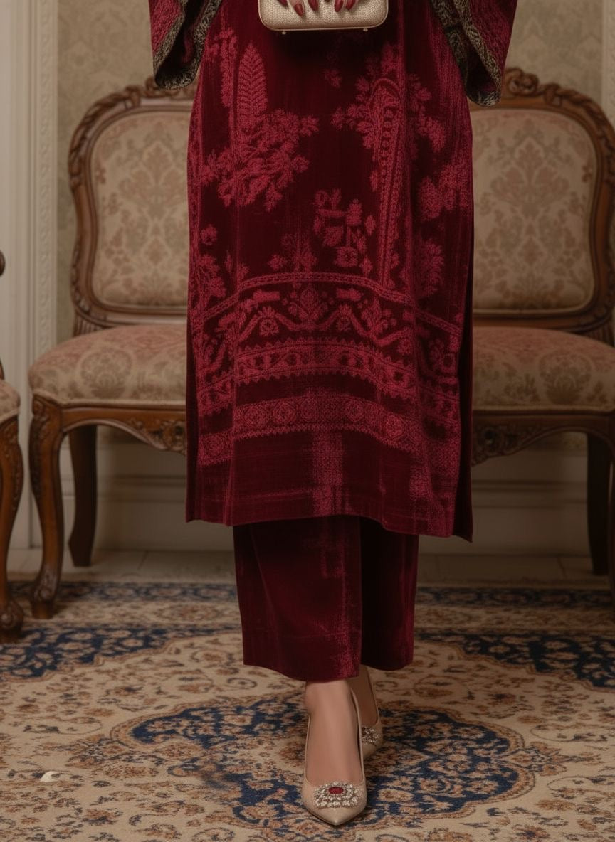 Kamera Maroon French Velvet Ready to Wear 2 Pcs Dress with Palachi Work