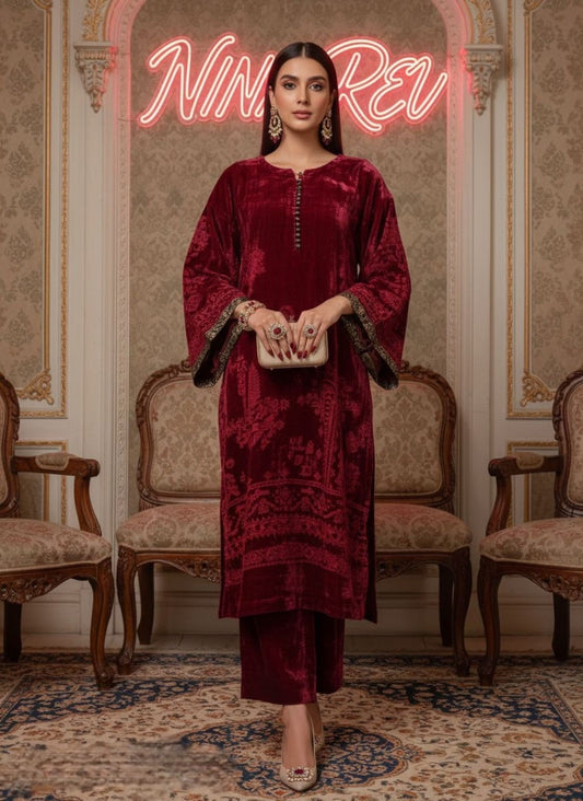 Kamera Maroon French Velvet Ready to Wear 2 Pcs Dress with Palachi Work