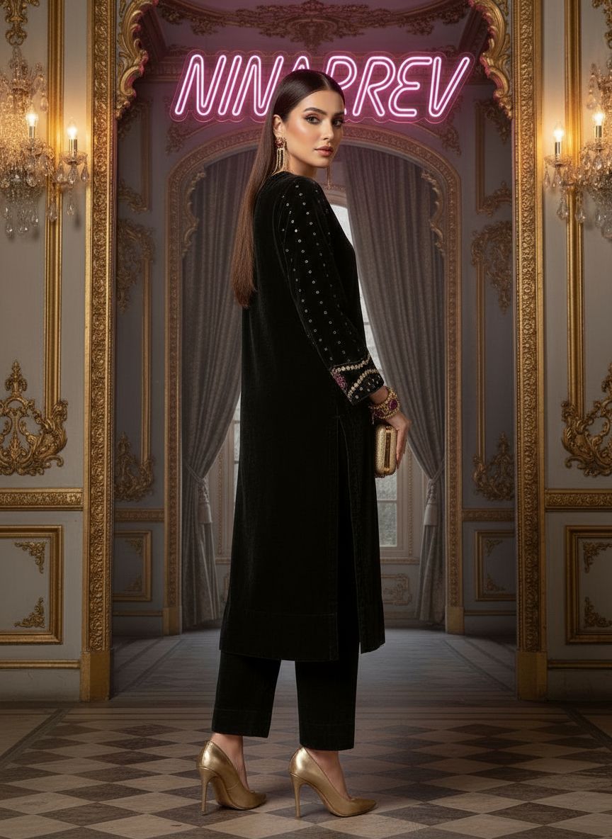 Black Galaxy Velvet Ready to Wear 2 Pcs Embroidered Dress