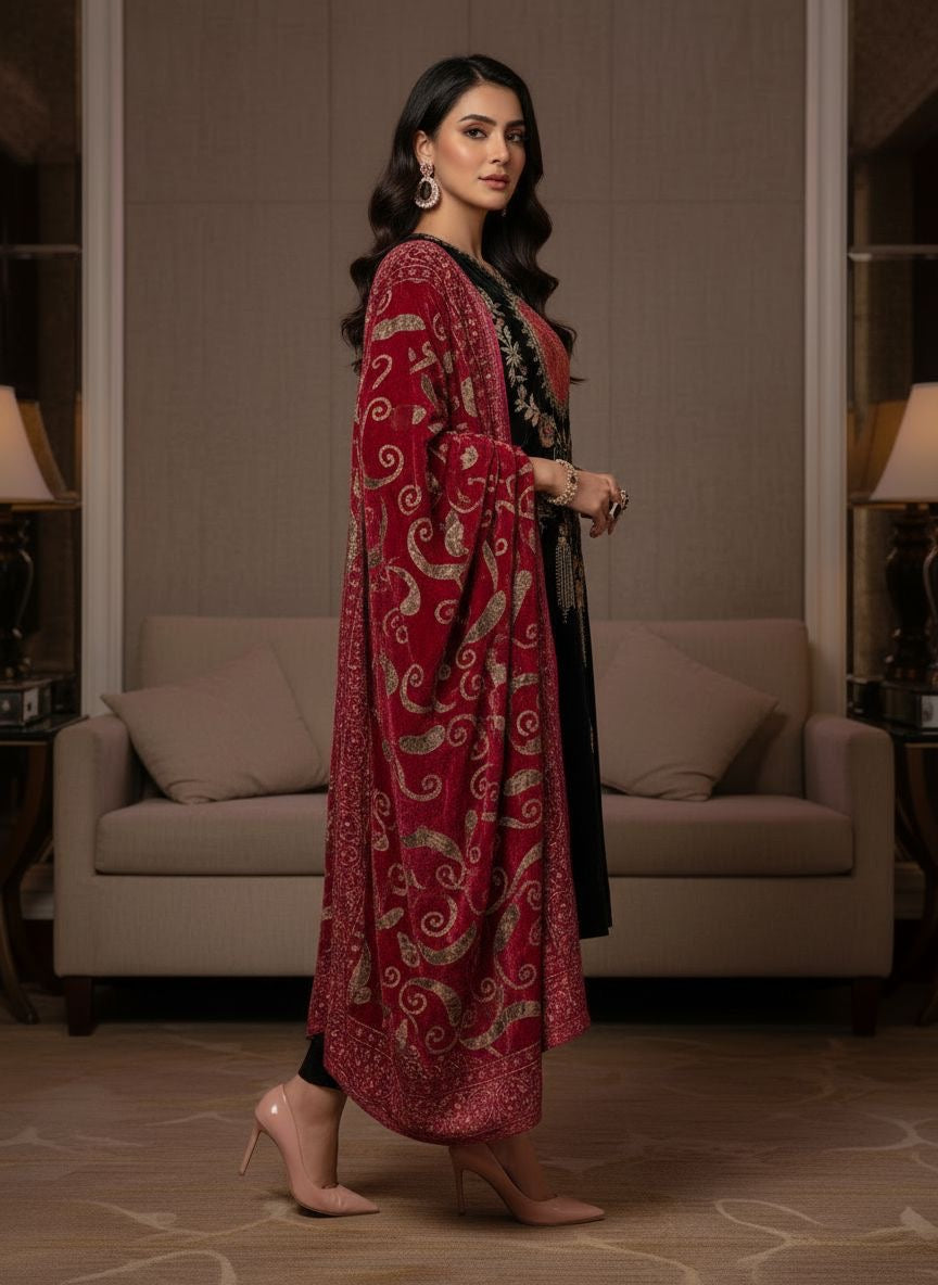 Hala Black Velvet Ready to Wear 3 Pcs Embroidered Dress