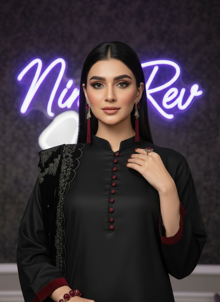 Kamli Black Ready to Wear 3 Pcs Dress With Velvet Shawl