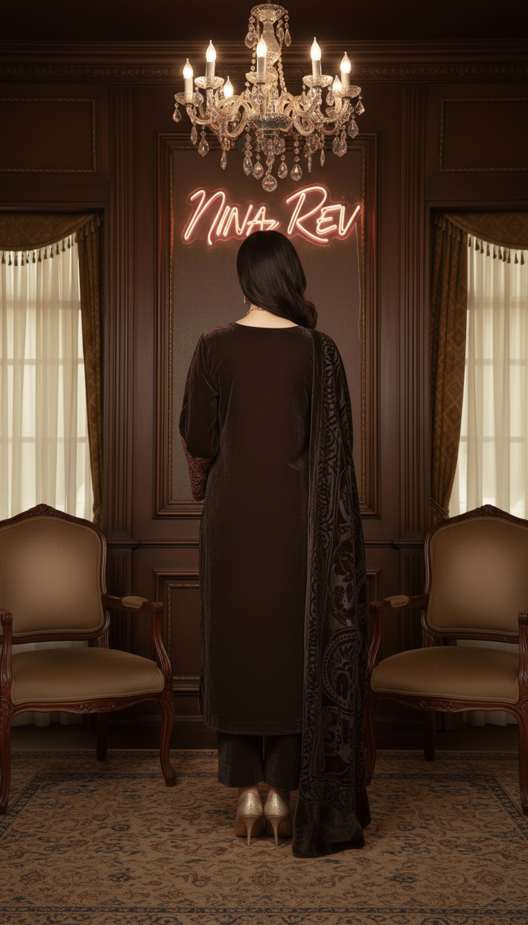 Lyra Brown French Velvet Embroidered 3 Pcs Dress with Palachi shawl