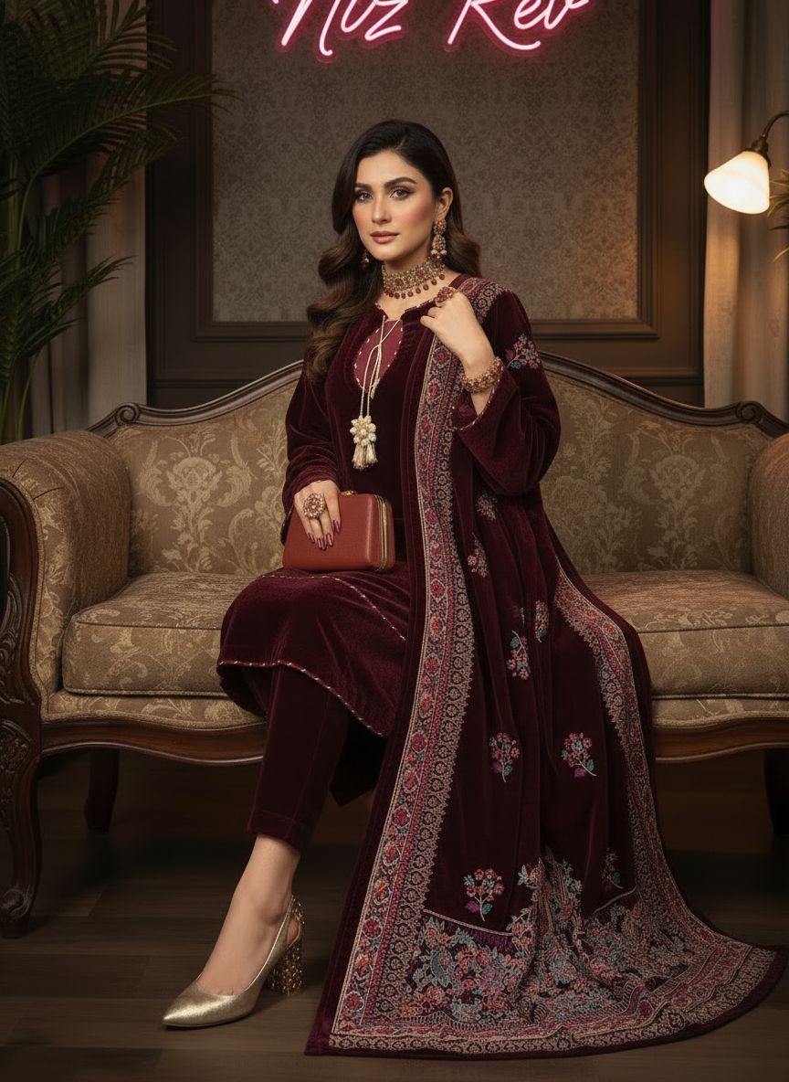 Lajwanti Maroon velvet Ready to Wear Dress with Velvet Shawl