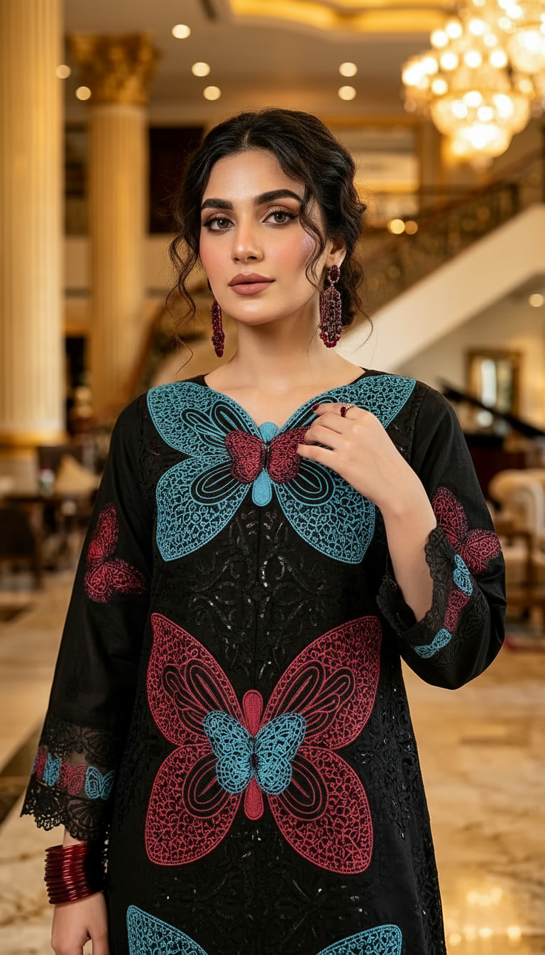 Black Butterfly Fully Embroidered 2 Pcs Kaftan Dress