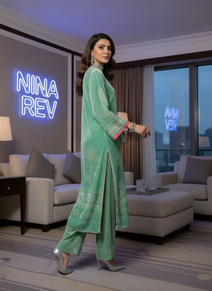 Pistachio French Velvet 2 Pcs Dress with Palachi Work