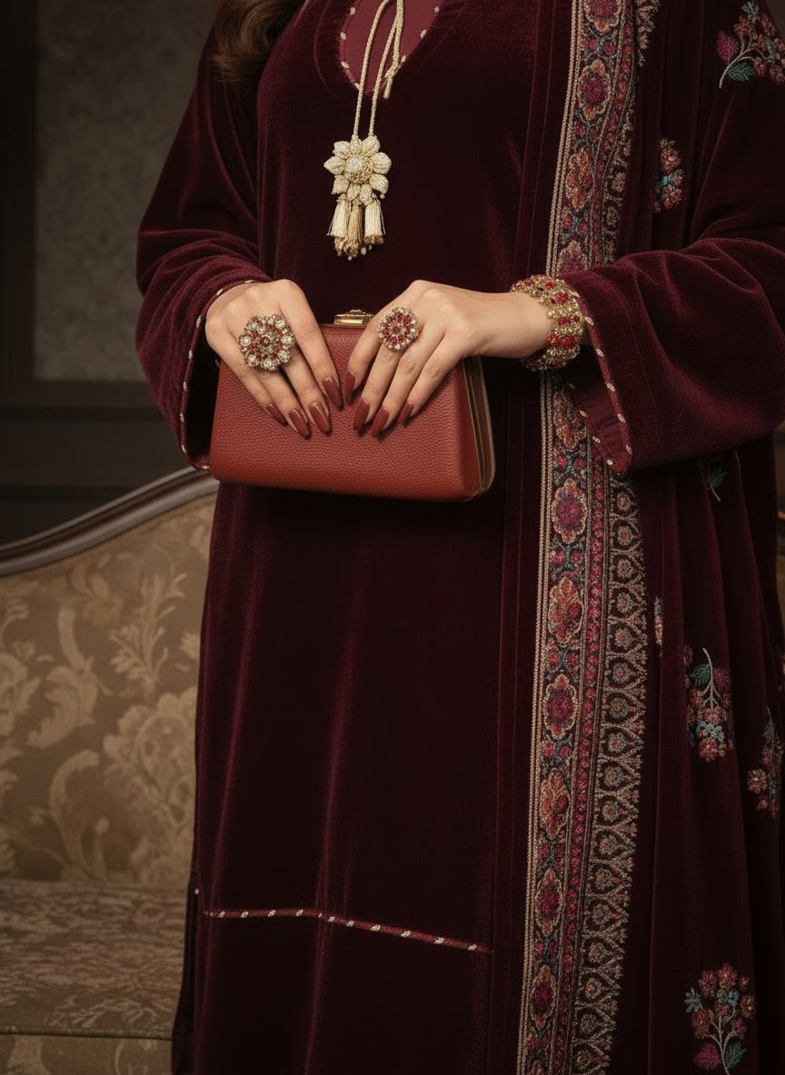 Lajwanti Maroon velvet Ready to Wear Dress with Velvet Shawl
