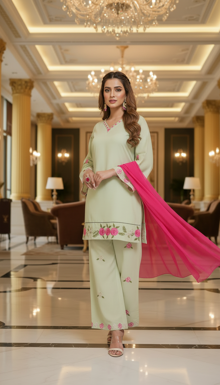 Maham Pistachio Ready to Wear 3 Pcs Embroidered Dress