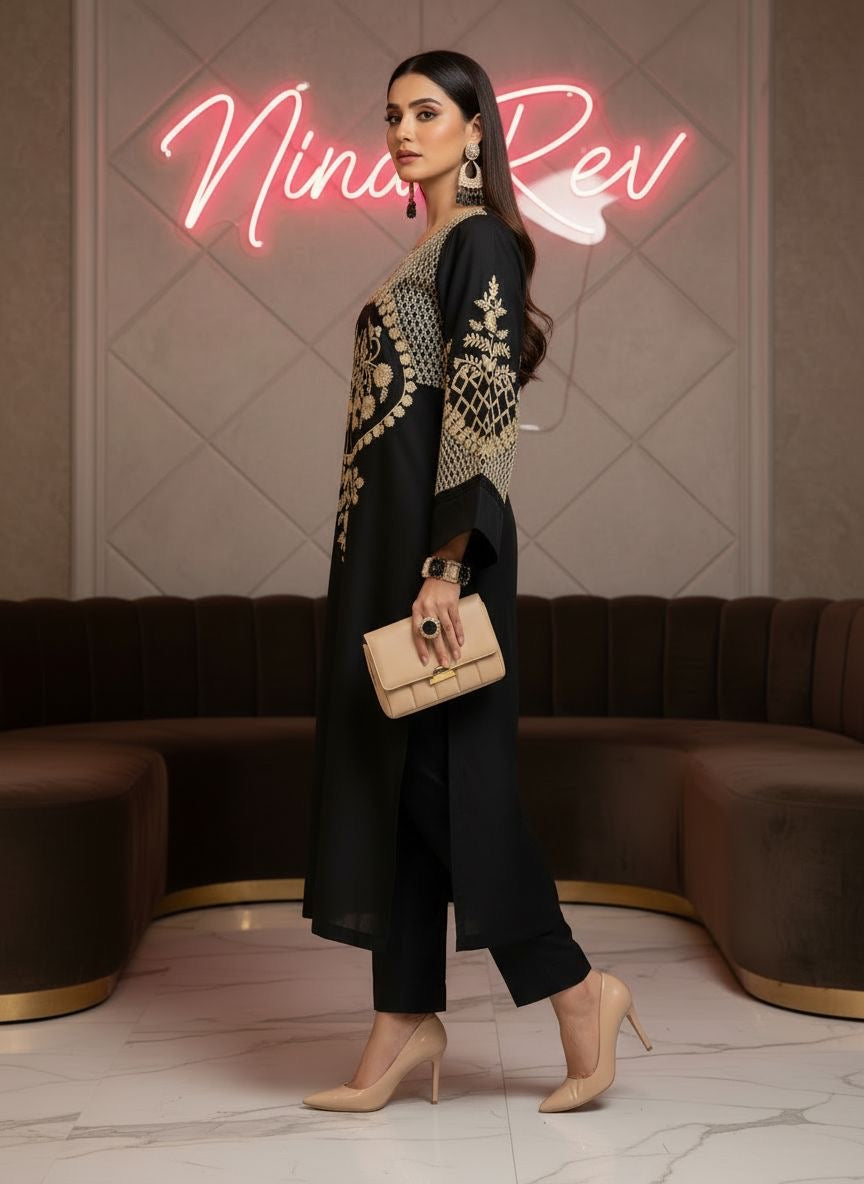 Merab Black Ready to Wear 2 Pcs Embroidered Dress