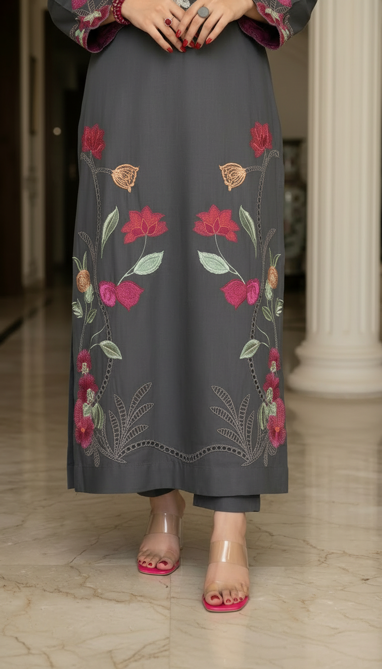 Grey Nirmala Ready to Wear 2 Pcs Embroidered Kaftan dress