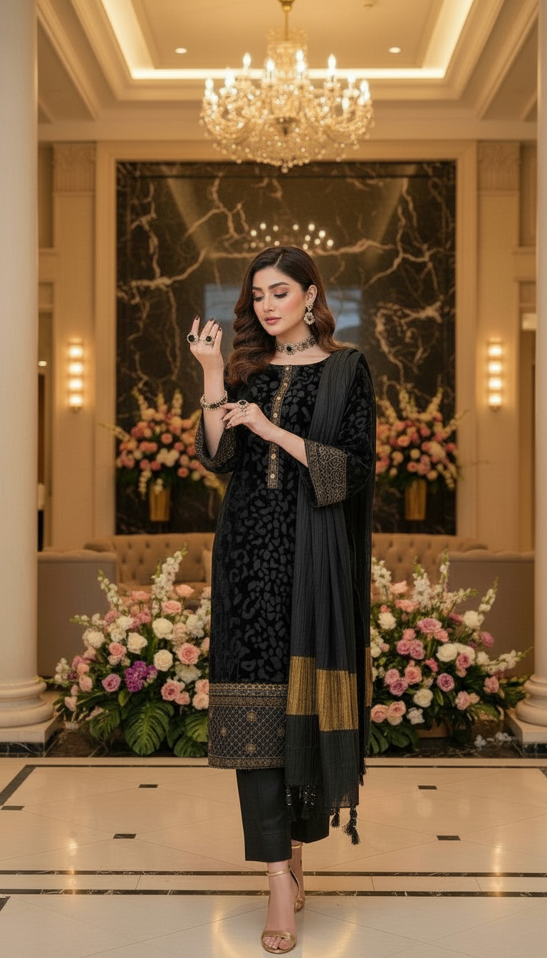Nida Black Velvet Embroidered 3 Pcs Dress
