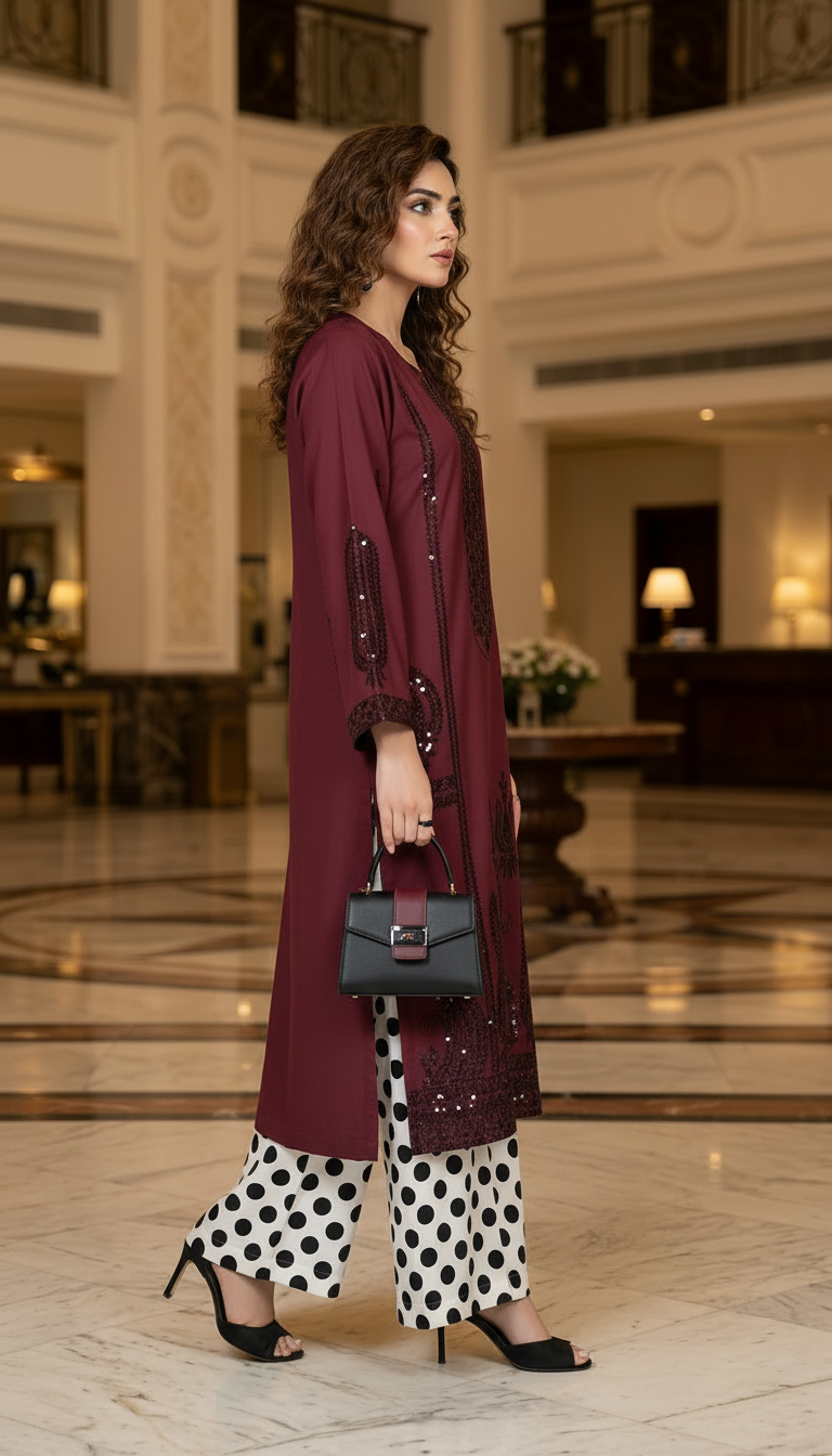Lush Maroon fully embroidered 2 Pcs Dress