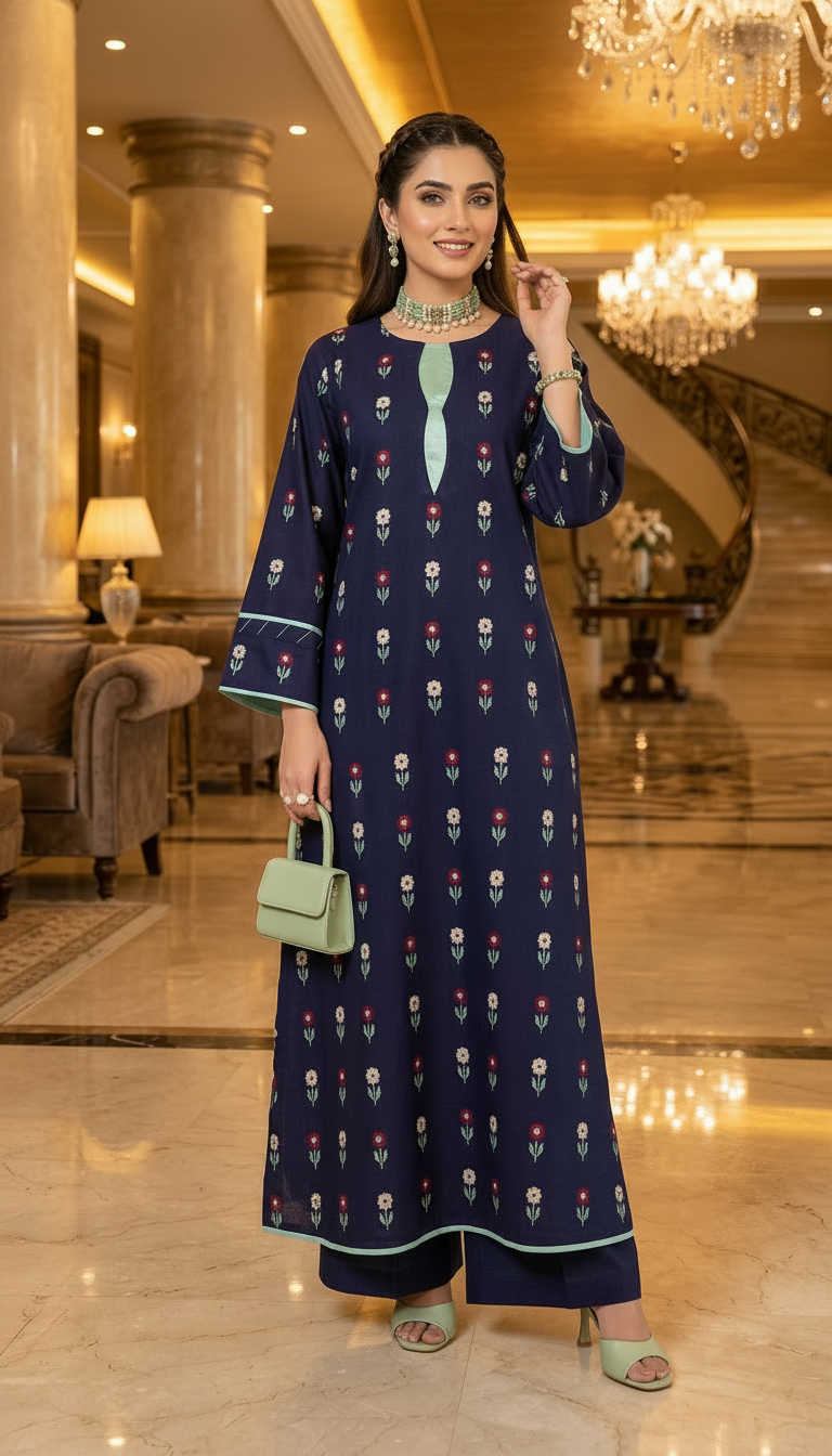Blue Cross stitch Slub Fully Embroidered Dress