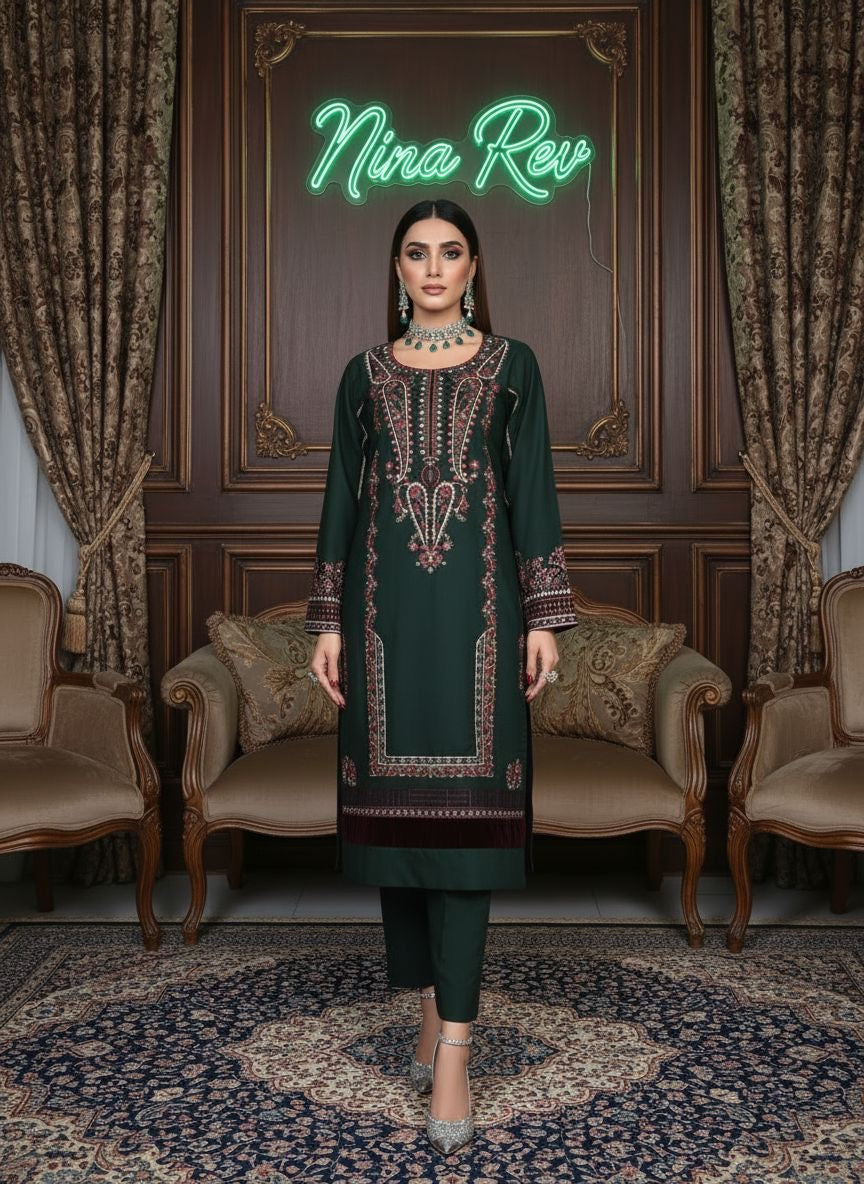 Green Classic Marina Ready to Wear 3 Pcs Embroidered Dress