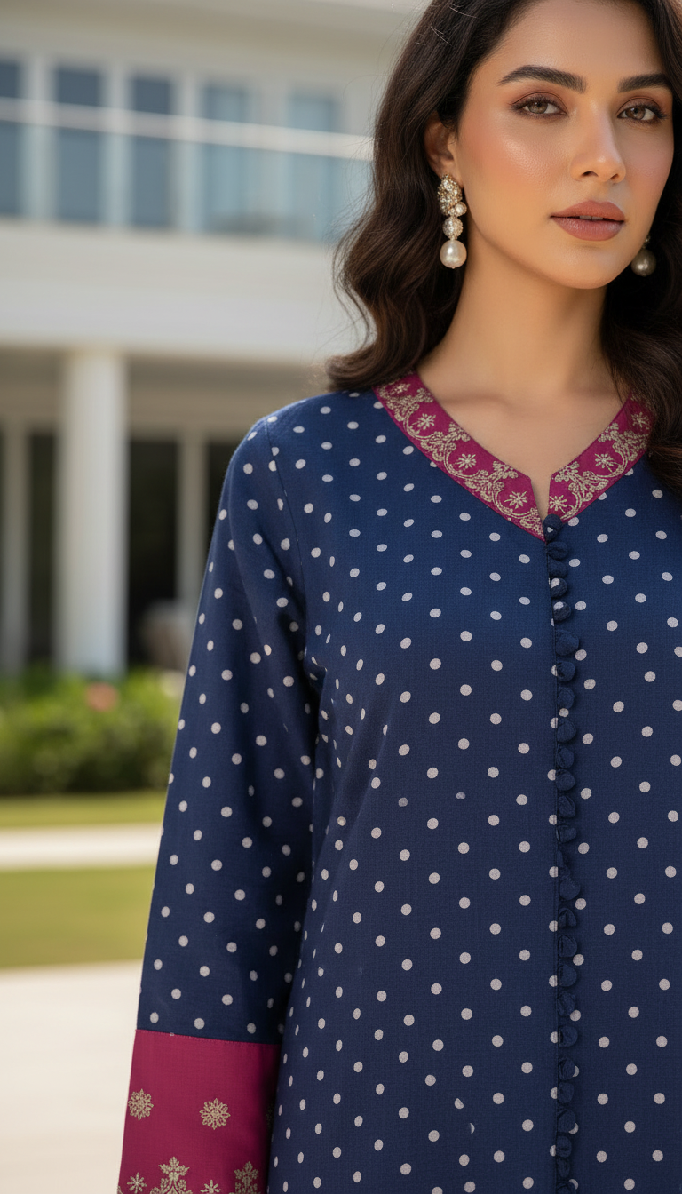 Blue Polka Dots 2 Pcs Embroidered Dress