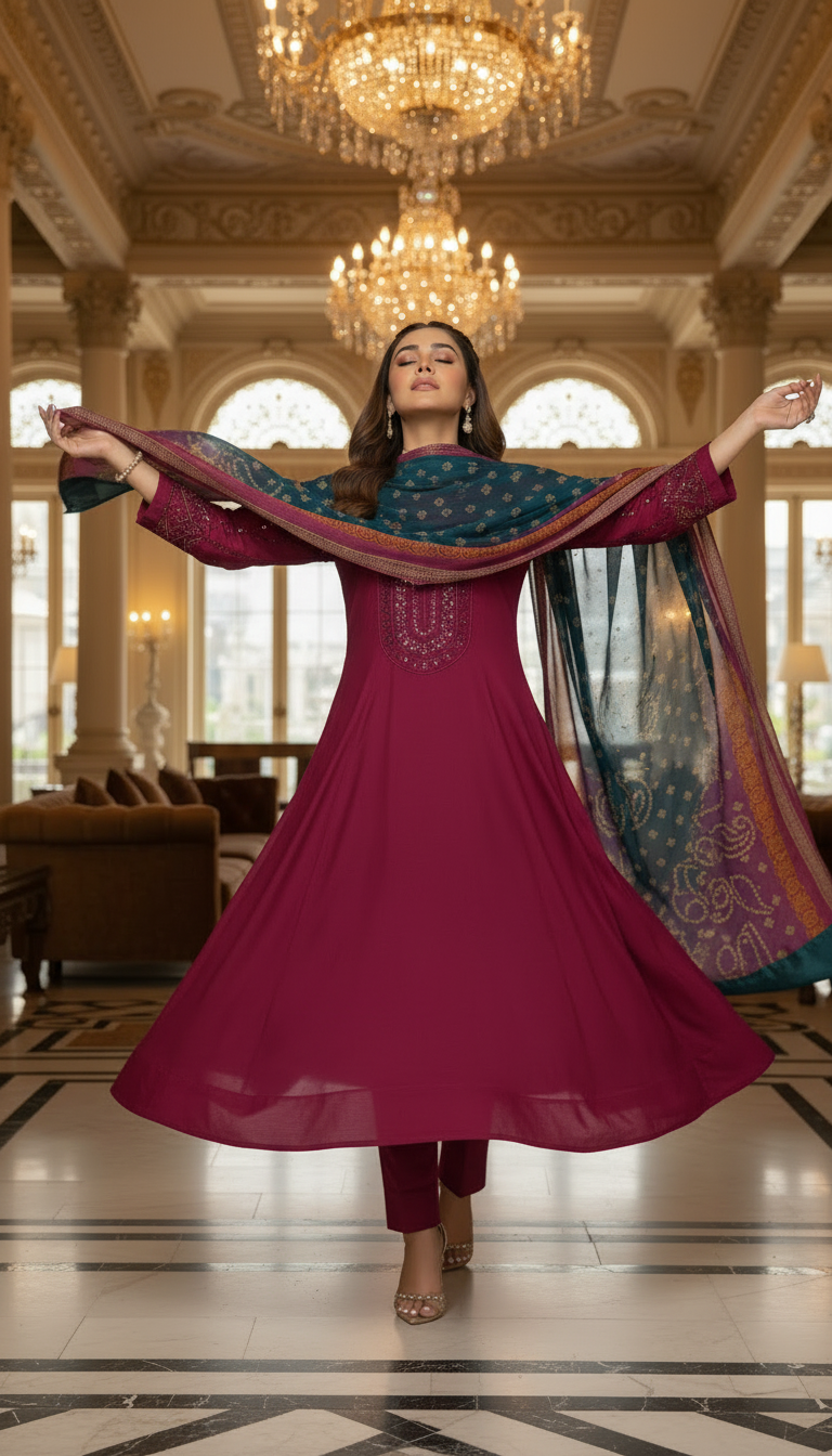 Tabeer Red Ready to Wear 3 Pcs Embroidered Dress