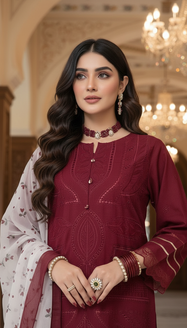 Ulfat Maroon Fully Chikankari Embroidered 3 Pcs Dress with Silk Dopatta