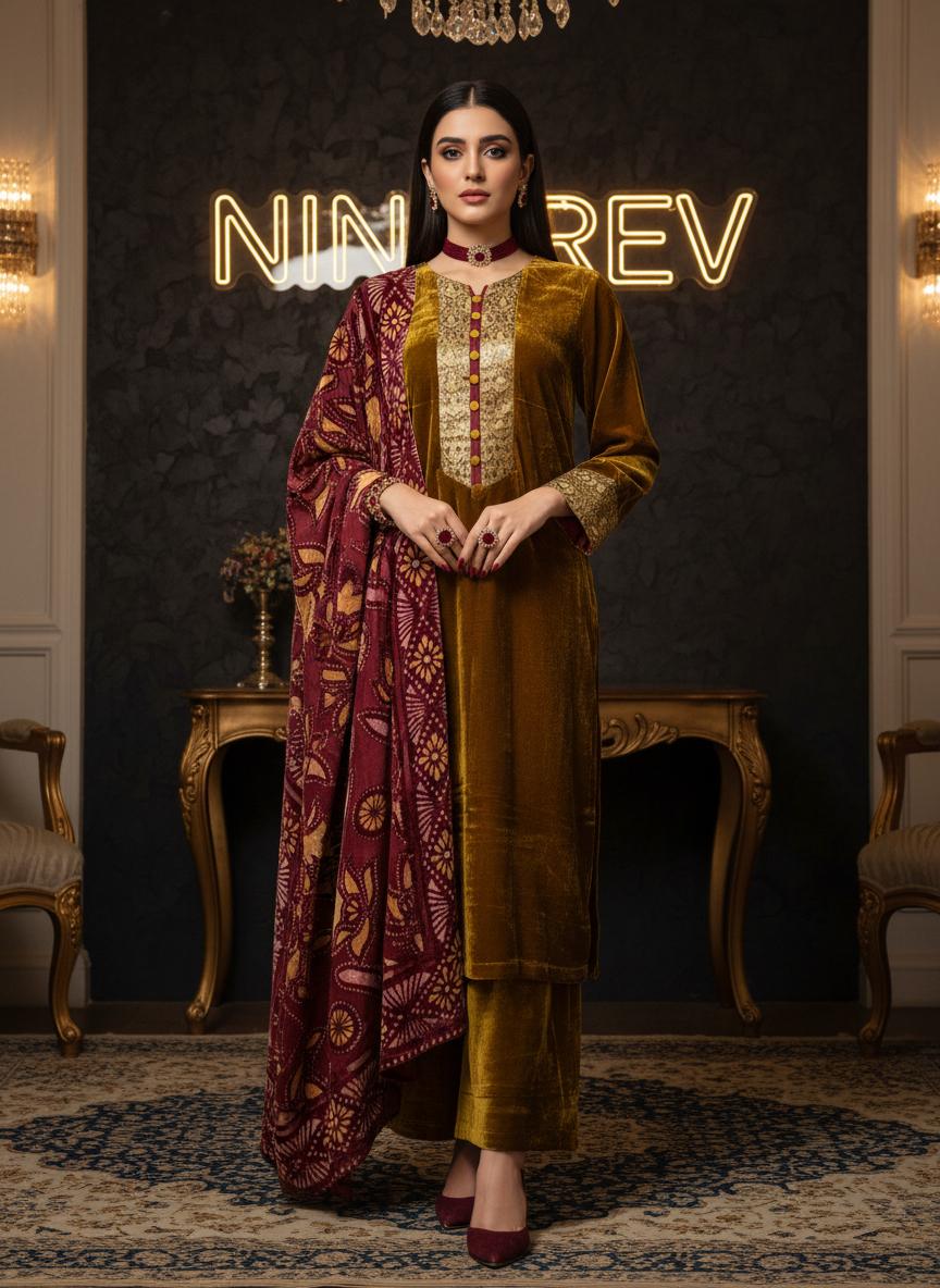 Chamki Velvet Ready to Wear 3 Pcs Dress with Palachi Shawl