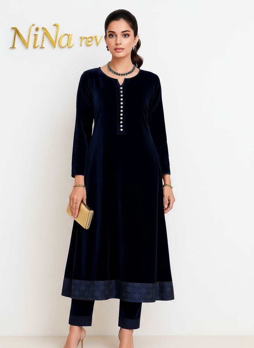 Regal Blue Velvet 2 Pcs Dress hi