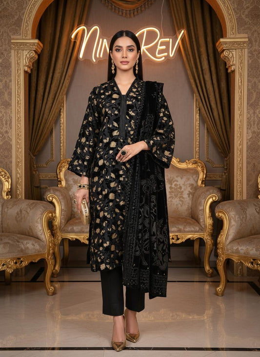 Full Black Palachi Velvet Dress with Palachi Shawl and Velvet Trouser